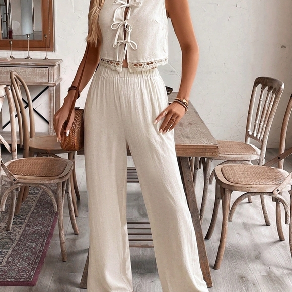 Linen 2pcs Women's Solid Color Lace Patchwork Bow Tie Sleeveless Top And Pants - Picture 4 of 6